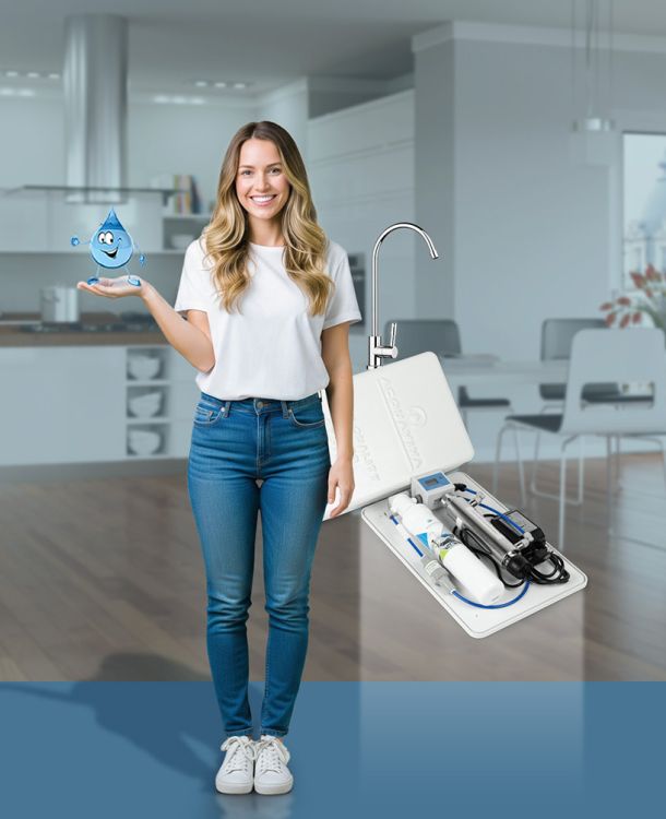 Sistema Home Water System Acquaviva per la microfiltrazione dell’acqua domestica con ragazza in cucina e dispositivo sottolavello plastic free